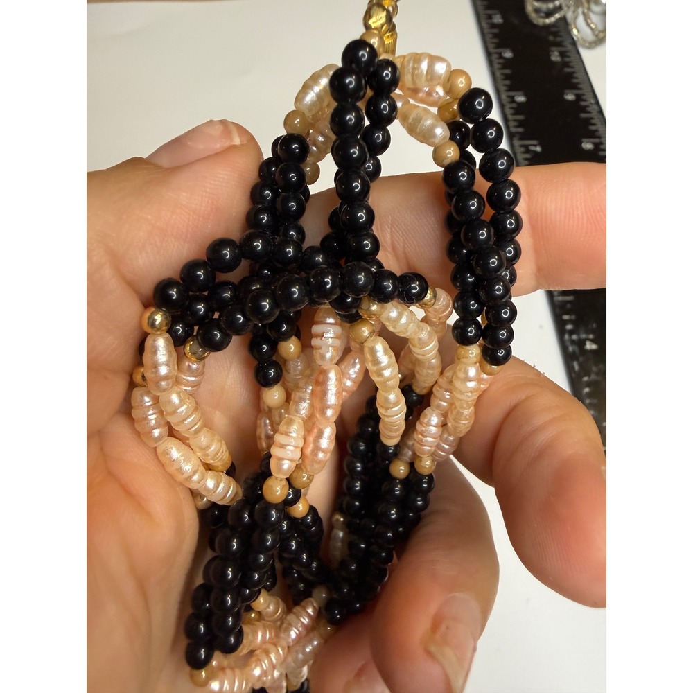 Multi Strand Black Bead and Peach Freshwater Pearl Necklace with Barrel Clasp